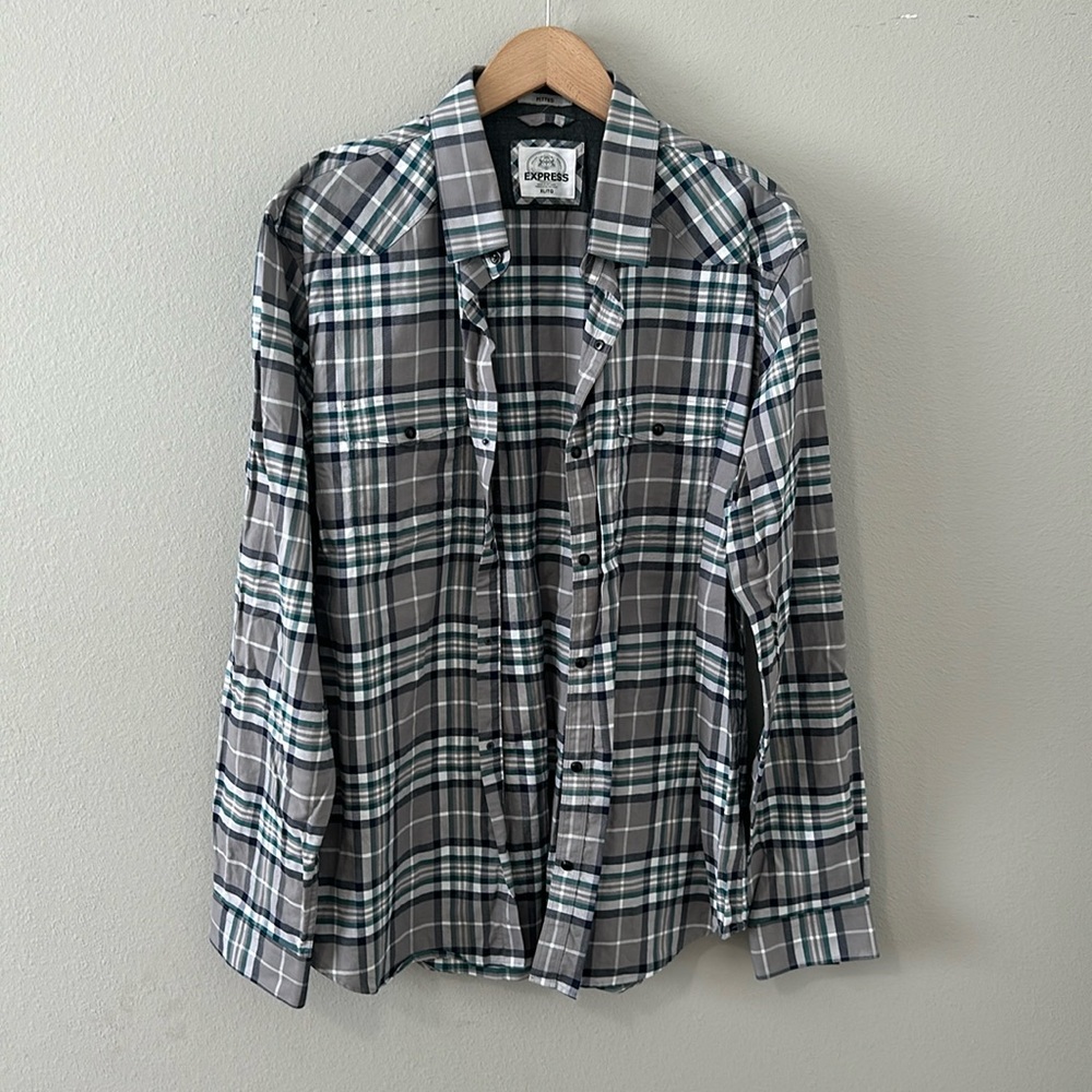Express Men's Fitted Snap Button Down Plaid Shirt… - image 2